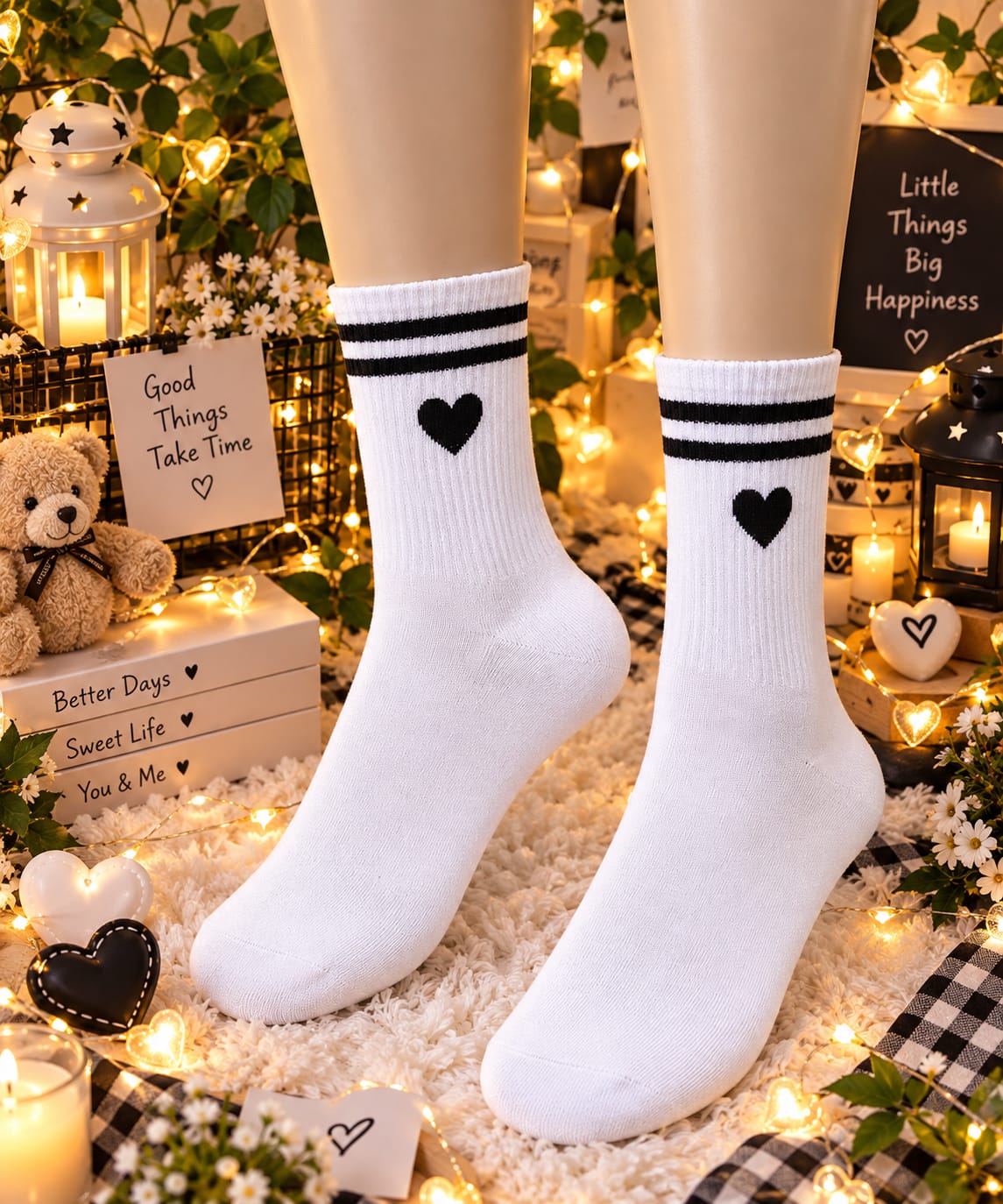 Black Heart Striped White Socks