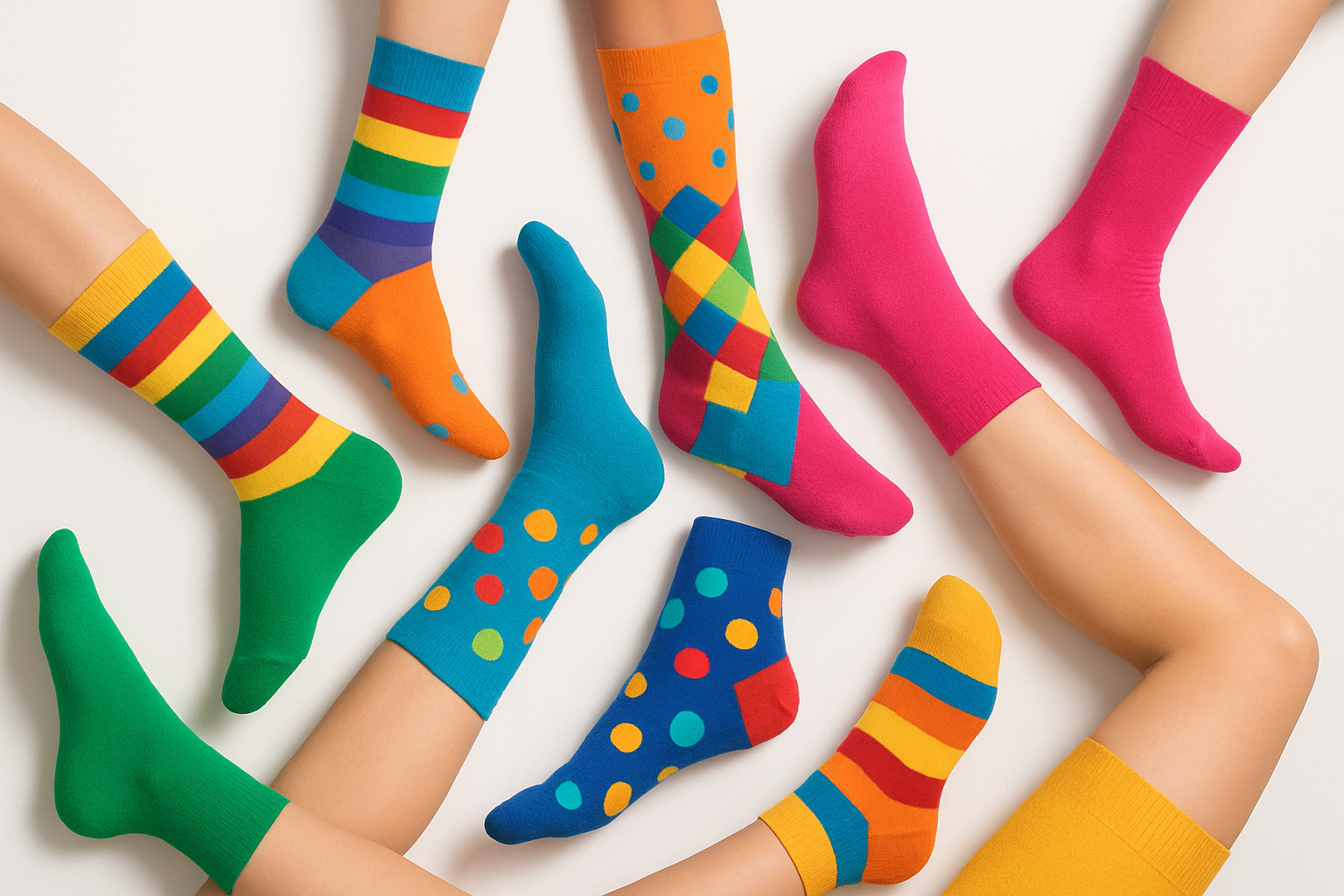 multiple legs with colourfull socks